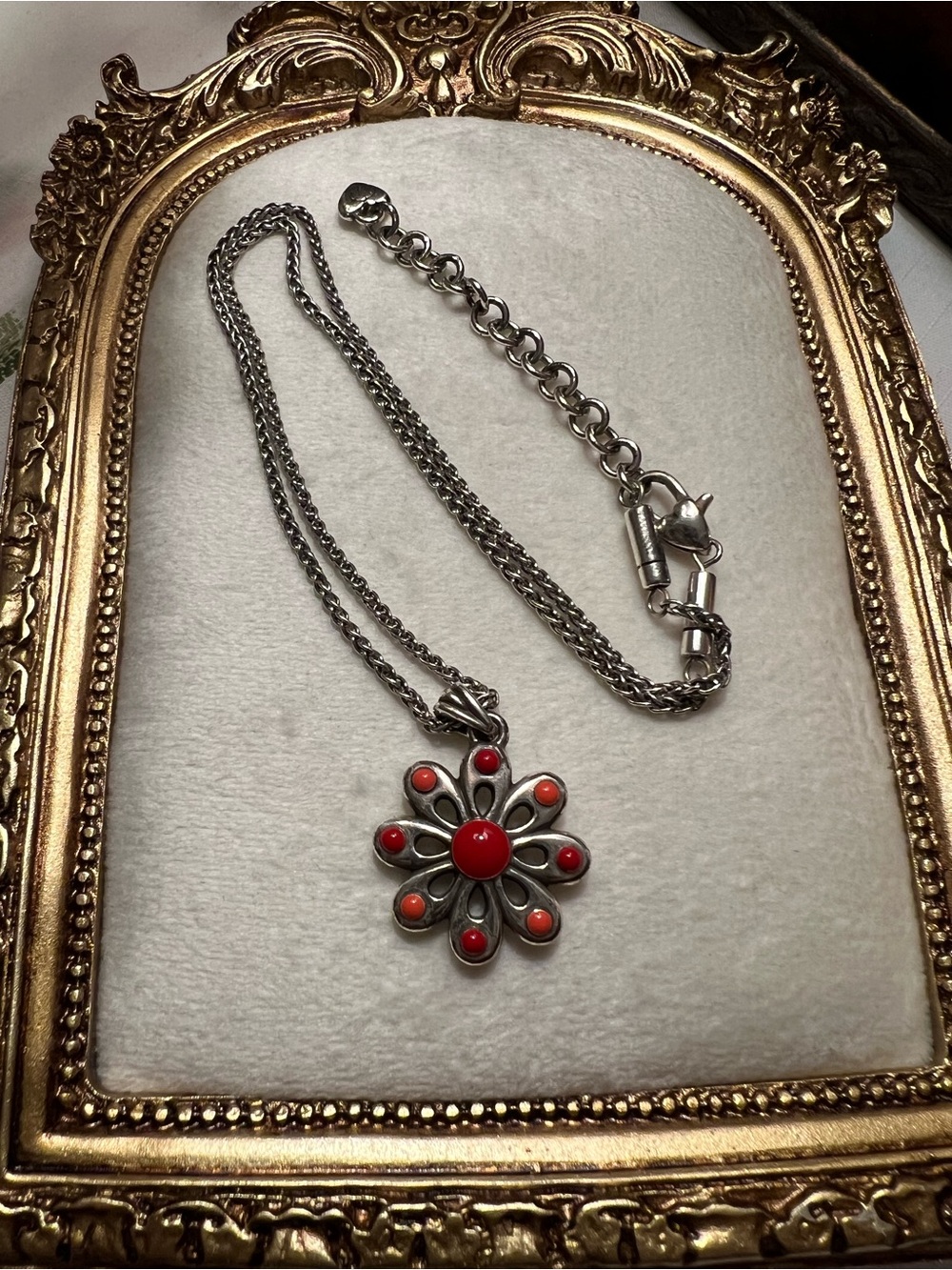 Brighton Silver-Tone Reversible Necklace with Red Flower Pendant